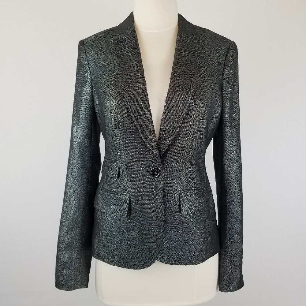 Tory Burch Metallic Black & Silver Shimmer Button Front Blazer Suit Jacket NWOT